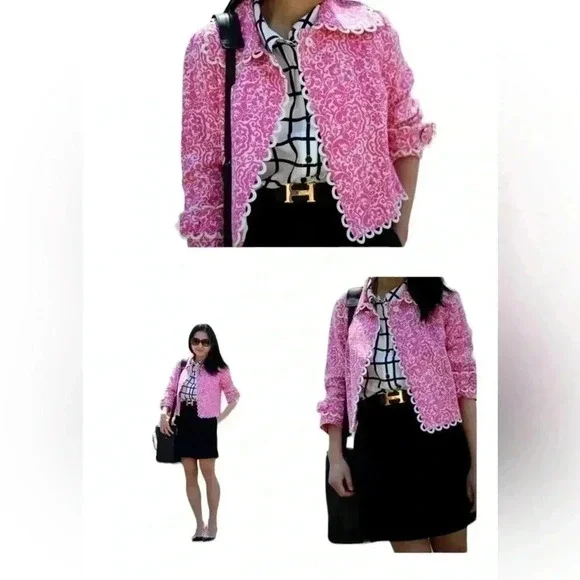 LILLY PULITER pink and white clueless preppy barbie office siren jacket size 4 - Picture 5 of 11